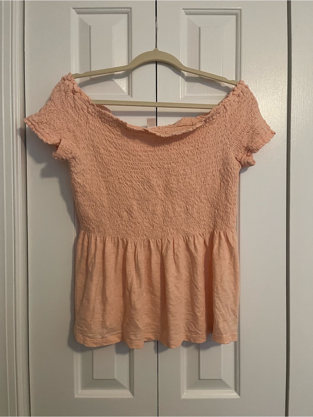 Peach Off Shoulder Smocked Peplum Top